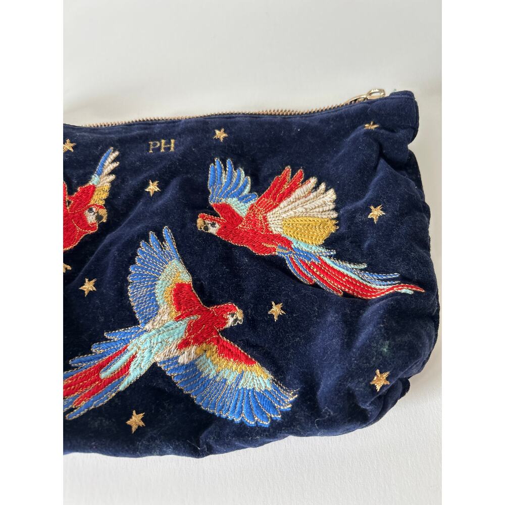 Elizabeth Scarlett Blue Velvet Everyday Embroidered Parrott Monogrammed Pouch - Picture 4 of 7